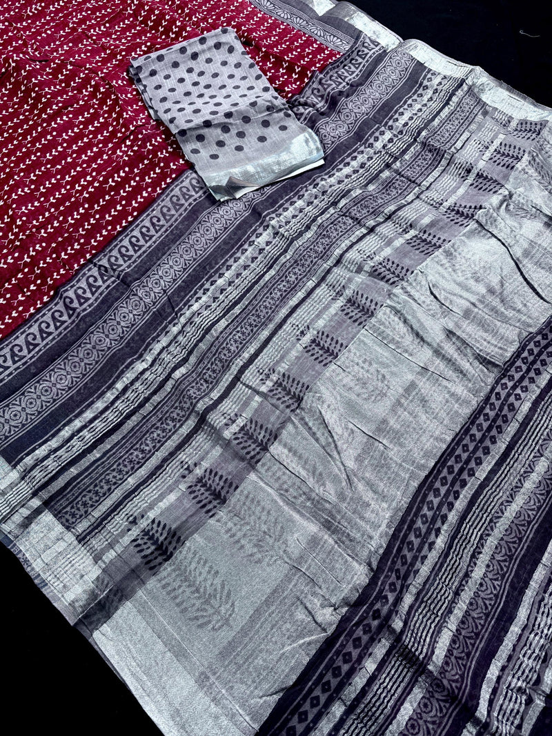 Deep Maroon Color Pure Khaadi Cotton Linen Blend with Ikkat Pattern Prints and Sliver Zari  | Cotton and Linen Saree | Indian Saree for Gift