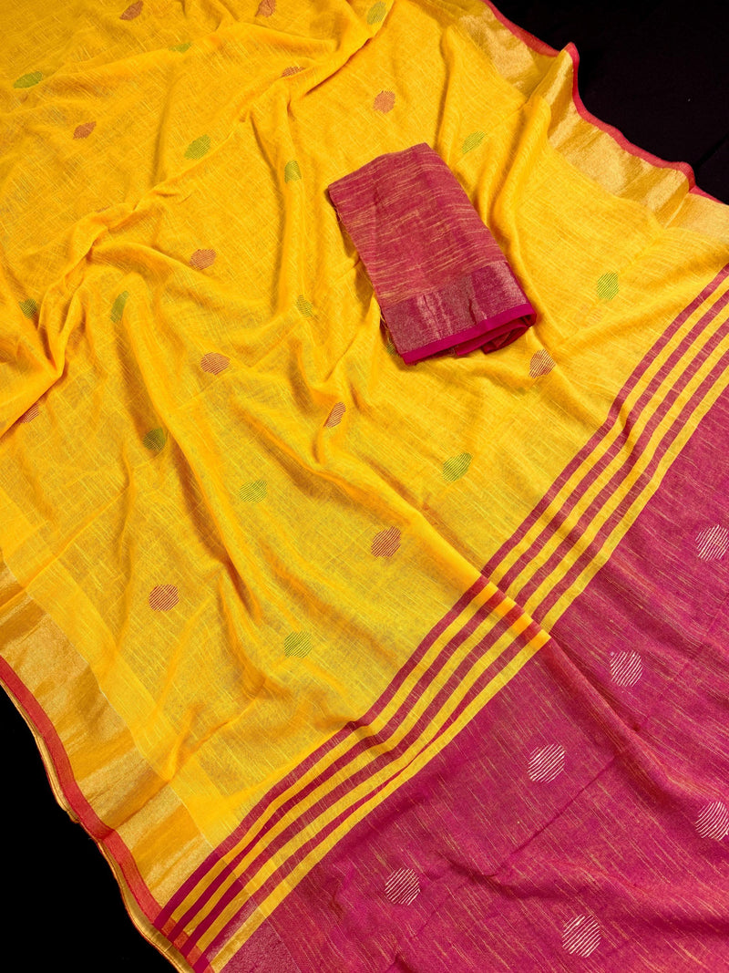 Pure Khaadi Cotton blend with Linen Yellow and Peach Color Saree with Zari Borders | Cotton and Linen Sarees | Indian Sarees for Gift