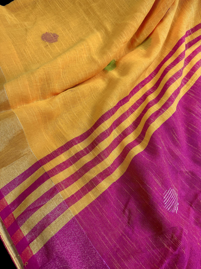 Pure Khaadi Cotton blend with Linen Yellow and Peach Color Saree with Zari Borders | Cotton and Linen Sarees | Indian Sarees for Gift