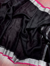 Black Color Pure Bengal Handloom Linen Saree with Sliver Zari Border with Maganta Pink | Pure Handloom Linen Sarees