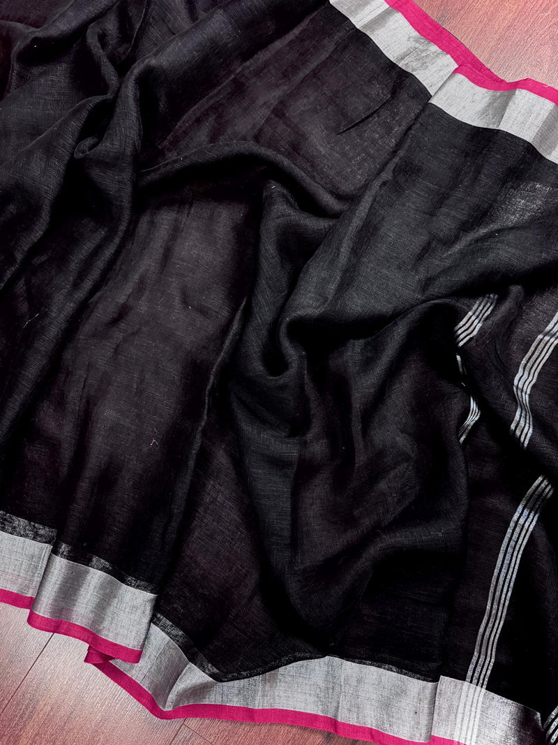 Black Color Pure Bengal Handloom Linen Saree with Sliver Zari Border with Maganta Pink | Pure Handloom Linen Sarees