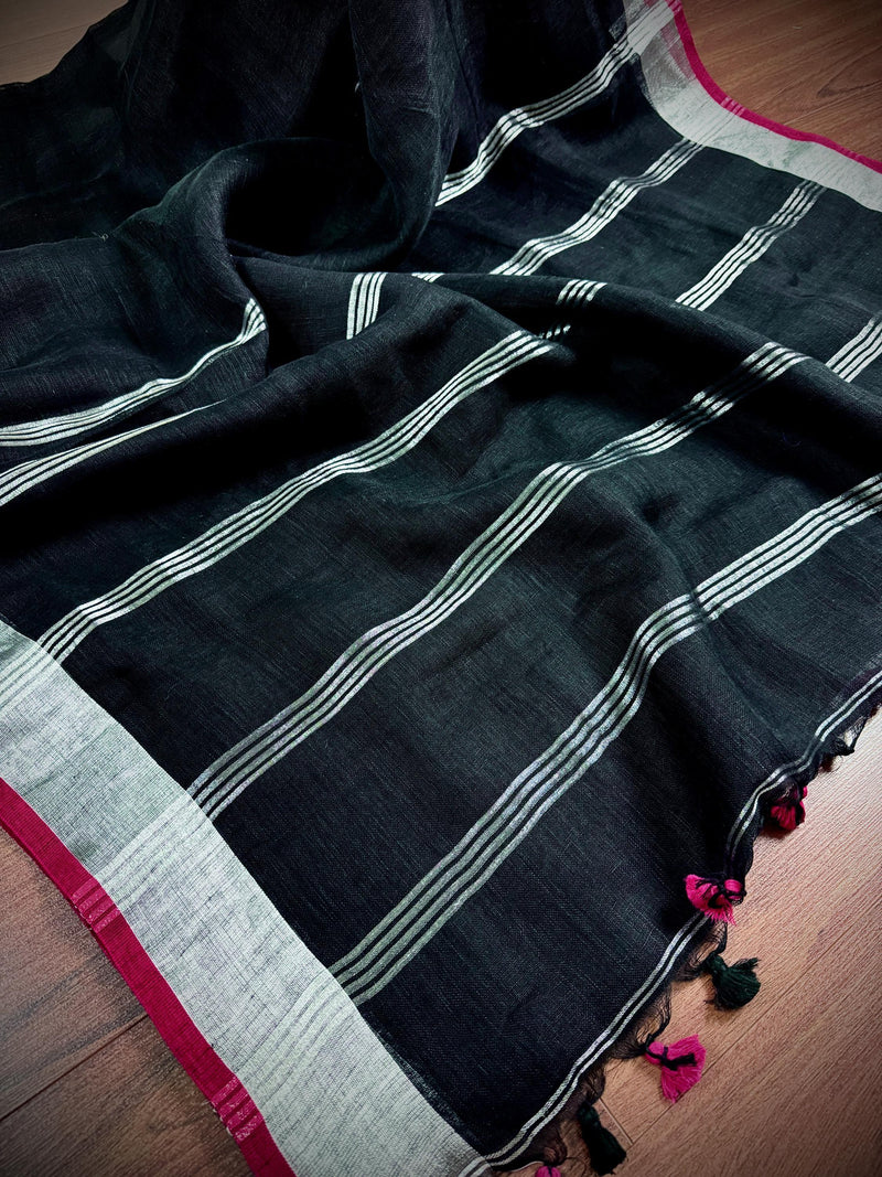 Black Color Pure Bengal Handloom Linen Saree with Sliver Zari Border with Maganta Pink | Pure Handloom Linen Sarees