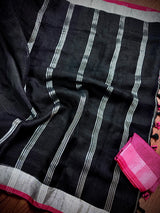 Black Color Pure Bengal Handloom Linen Saree with Sliver Zari Border with Maganta Pink | Pure Handloom Linen Sarees