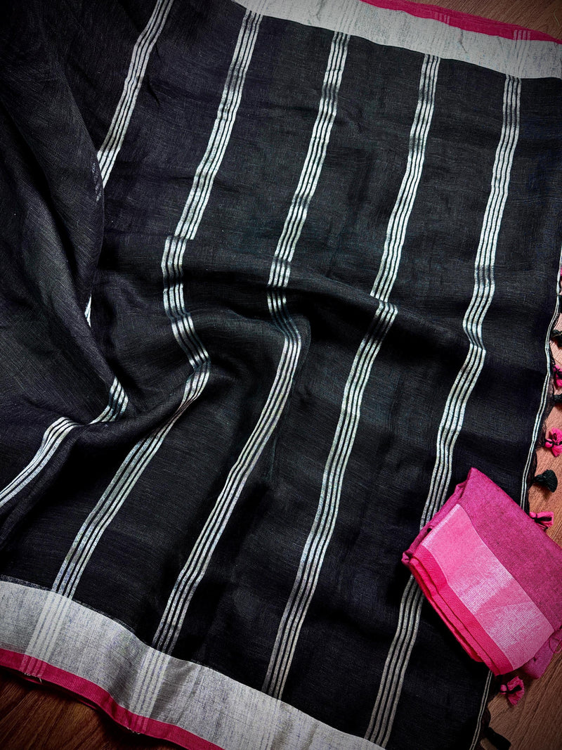 Black Color Pure Bengal Handloom Linen Saree with Sliver Zari Border with Maganta Pink | Pure Handloom Linen Sarees