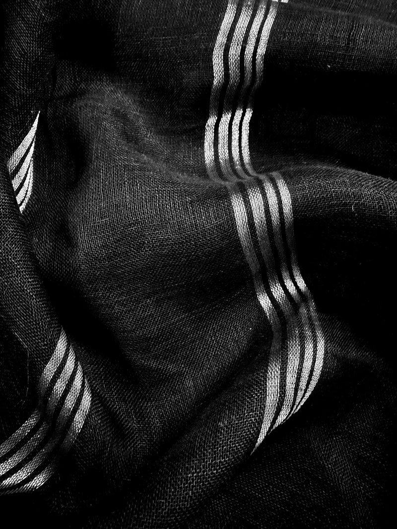 Black Color Pure Bengal Handloom Linen Saree with Sliver Zari Border with Maganta Pink | Pure Handloom Linen Sarees