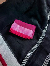 Black Color Pure Bengal Handloom Linen Saree with Sliver Zari Border with Maganta Pink | Pure Handloom Linen Sarees