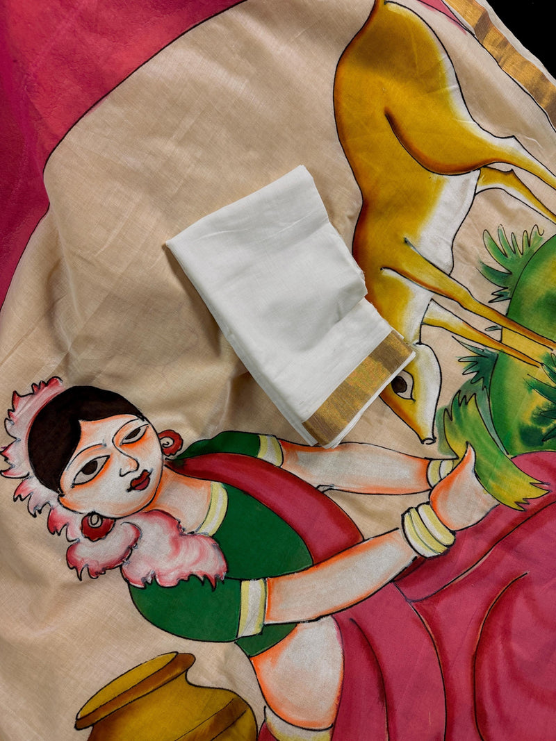 Multi Color Hand-painted Saree in Pure Cotton Saree with Copper Zari Border | Cotton Saree | Vintage Indian Saree for Gift