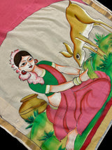 Multi Color Hand-painted Saree in Pure Cotton Saree with Copper Zari Border | Cotton Saree | Vintage Indian Saree for Gift