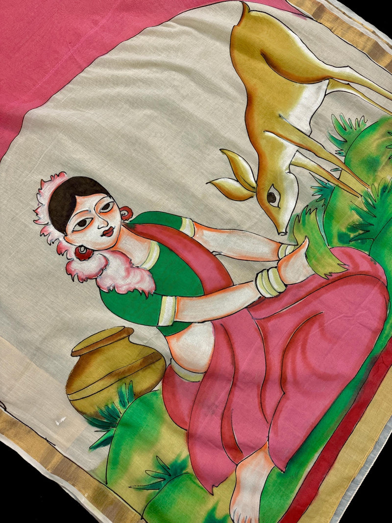 Multi Color Hand-painted Saree in Pure Cotton Saree with Copper Zari Border | Cotton Saree | Vintage Indian Saree for Gift