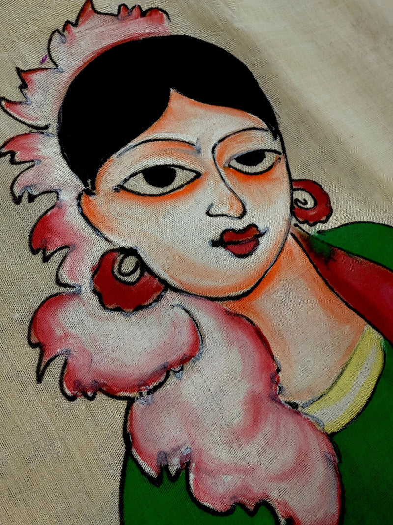 Multi Color Hand-painted Saree in Pure Cotton Saree with Copper Zari Border | Cotton Saree | Vintage Indian Saree for Gift