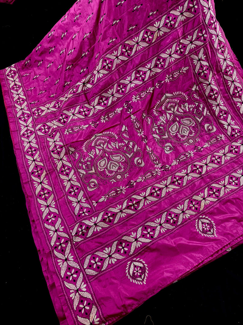 Pink Color Bangalori Silk Saree with Hand Kantha Stitch | Handwoven Kantha Stitch Sarees | Kantha Saress | Embroidered Sarees