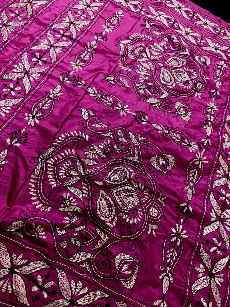 Pink Color Bangalori Silk Saree with Hand Kantha Stitch | Handwoven Kantha Stitch Sarees | Kantha Saress | Embroidered Sarees