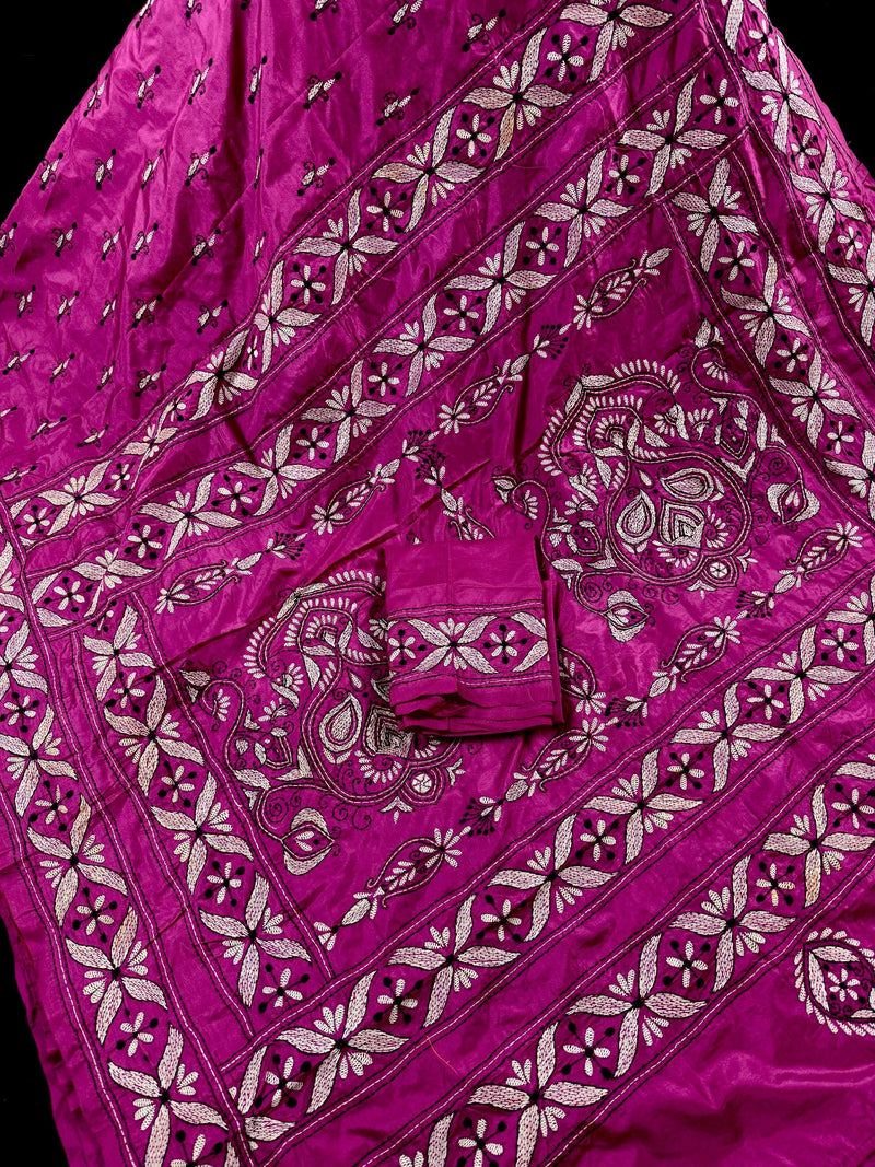 Pink Color Bangalori Silk Saree with Hand Kantha Stitch | Handwoven Kantha Stitch Sarees | Kantha Saress | Embroidered Sarees
