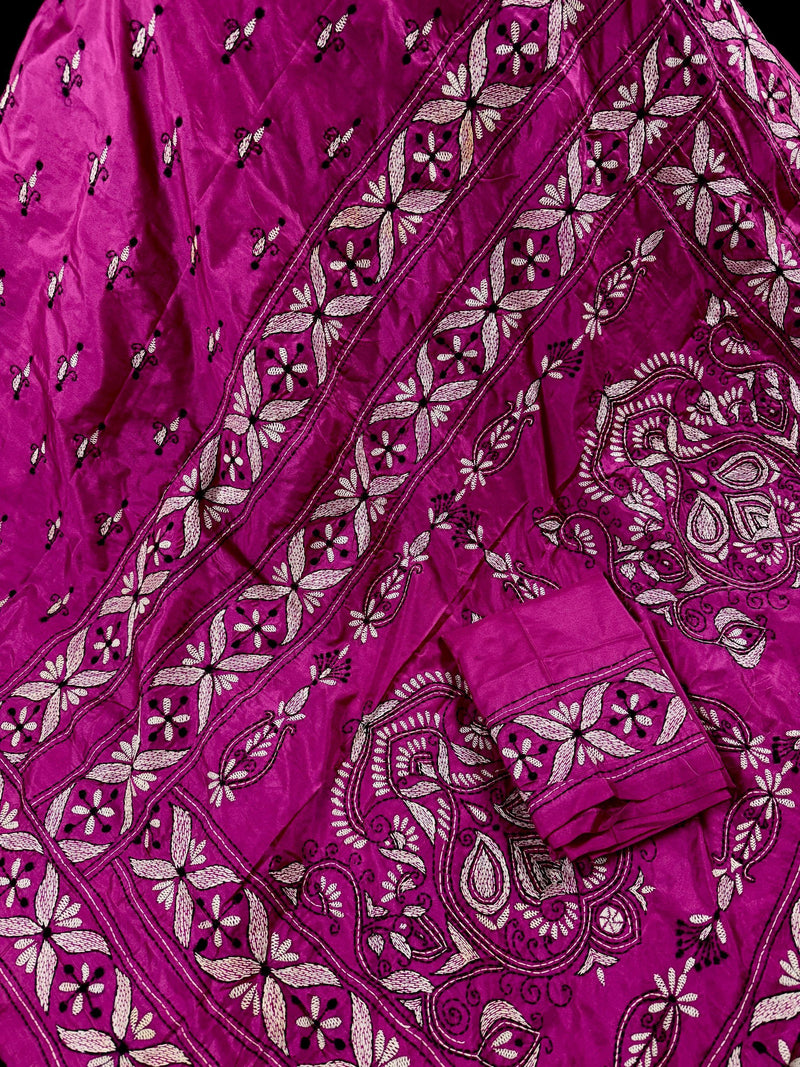 Pink Color Bangalori Silk Saree with Hand Kantha Stitch | Handwoven Kantha Stitch Sarees | Kantha Saress | Embroidered Sarees