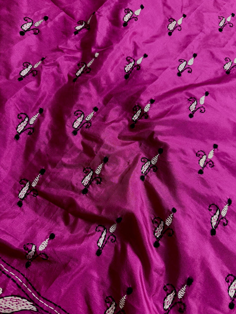 Pink Color Bangalori Silk Saree with Hand Kantha Stitch | Handwoven Kantha Stitch Sarees | Kantha Saress | Embroidered Sarees