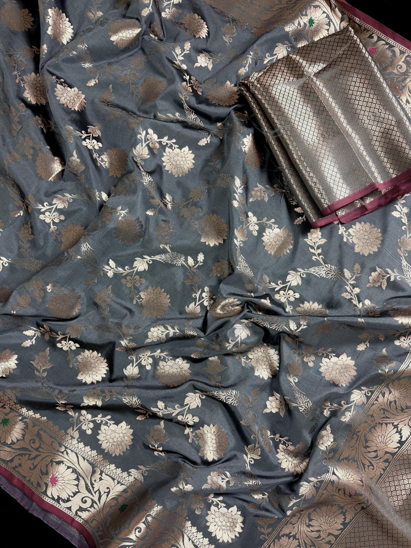 Statement Handmade Grey Color Semi Katan Banarasi Silk Saree | Muted Gold Zari Weaving | Semi Katan Silk Sarees