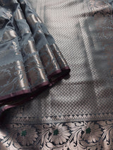 Statement Handmade Grey Green Color Semi Katan Banarasi Silk Saree | Muted Gold Zari Weaving | Semi Katan Silk Sarees