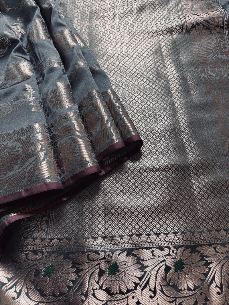 Statement Handmade Grey Green Color Semi Katan Banarasi Silk Saree | Muted Gold Zari Weaving | Semi Katan Silk Sarees