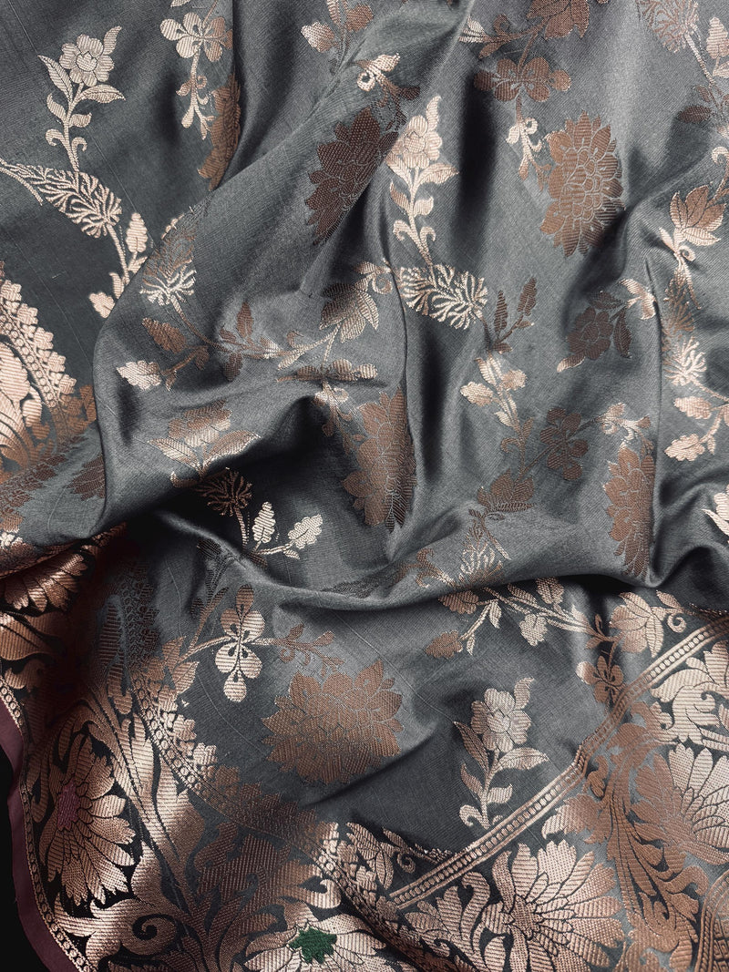 Statement Handmade Grey Green Color Semi Katan Banarasi Silk Saree | Muted Gold Zari Weaving | Semi Katan Silk Sarees