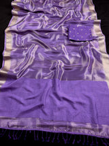 Statement Handmade Pastel Lavender Color Saree with thin Striped Banarasi Satin Tissue Silk Saree