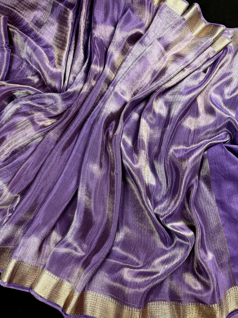 Statement Handmade Pastel Lavender Color Saree with thin Striped Banarasi Satin Tissue Silk Saree