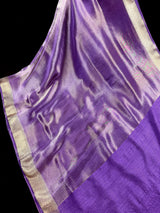 Statement Handmade Pastel Lavender Color Saree with thin Striped Banarasi Satin Tissue Silk Saree