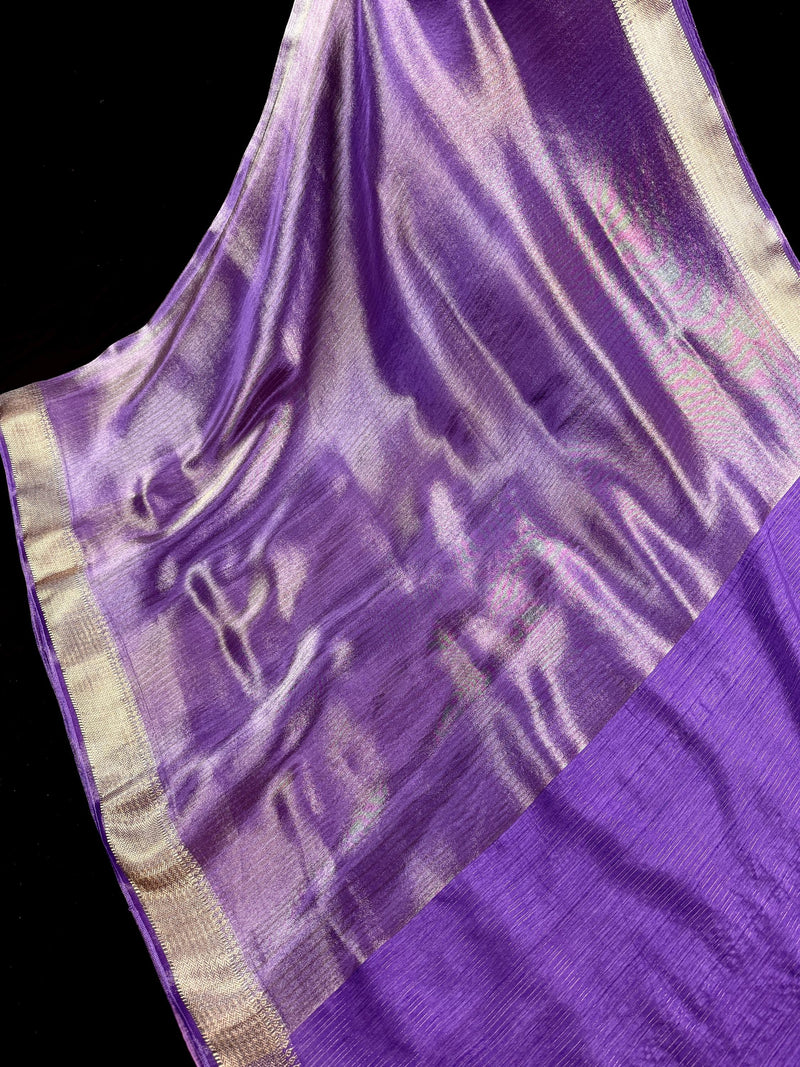 Statement Handmade Pastel Lavender Color Saree with thin Striped Banarasi Satin Tissue Silk Saree