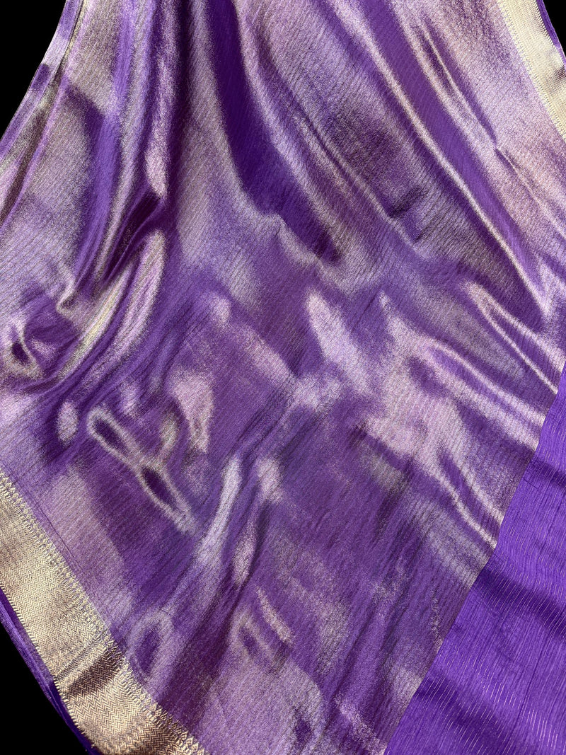 Statement Handmade Pastel Lavender Color Saree with thin Striped Banarasi Satin Tissue Silk Saree