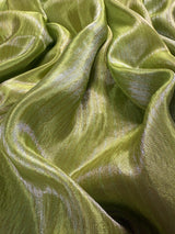 Statement Handmade Pastel Parrot Green Color Saree with thin Striped Banarasi Satin Tissue Silk Saree