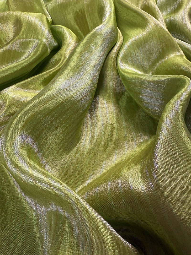 Statement Handmade Pastel Parrot Green Color Saree with thin Striped Banarasi Satin Tissue Silk Saree