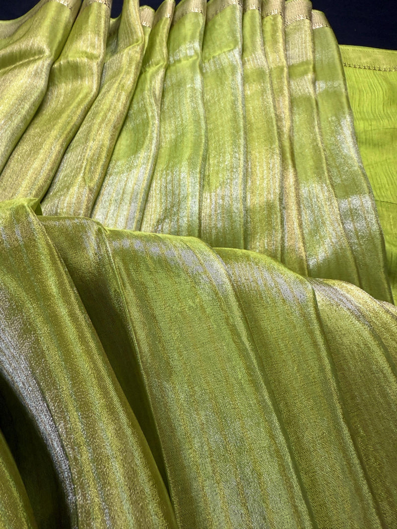 Statement Handmade Pastel Parrot Green Color Saree with thin Striped Banarasi Satin Tissue Silk Saree