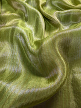 Statement Handmade Pastel Parrot Green Color Saree with thin Striped Banarasi Satin Tissue Silk Saree