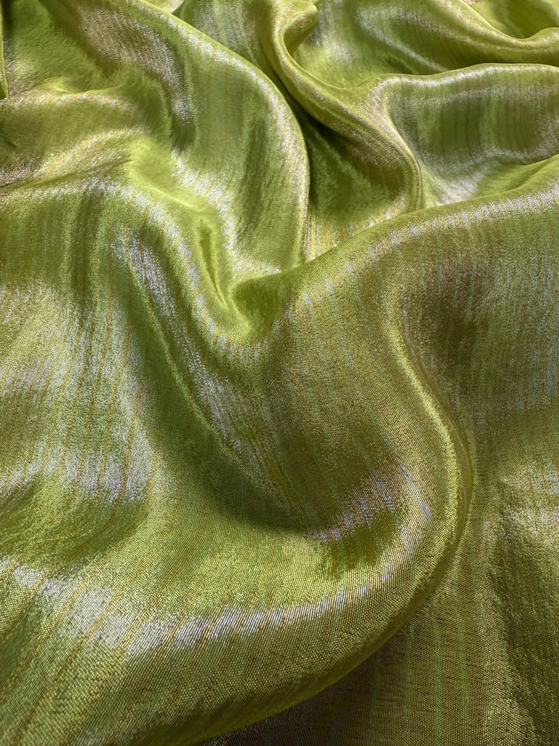 Statement Handmade Pastel Parrot Green Color Saree with thin Striped Banarasi Satin Tissue Silk Saree