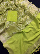 Statement Handmade Pastel Parrot Green Color Saree with thin Striped Banarasi Satin Tissue Silk Saree
