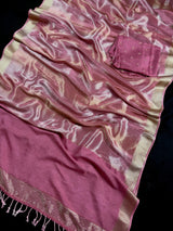 Statement Handmade Mauve Pink Color Saree with thin Striped Banarasi Satin Tissue Silk Saree