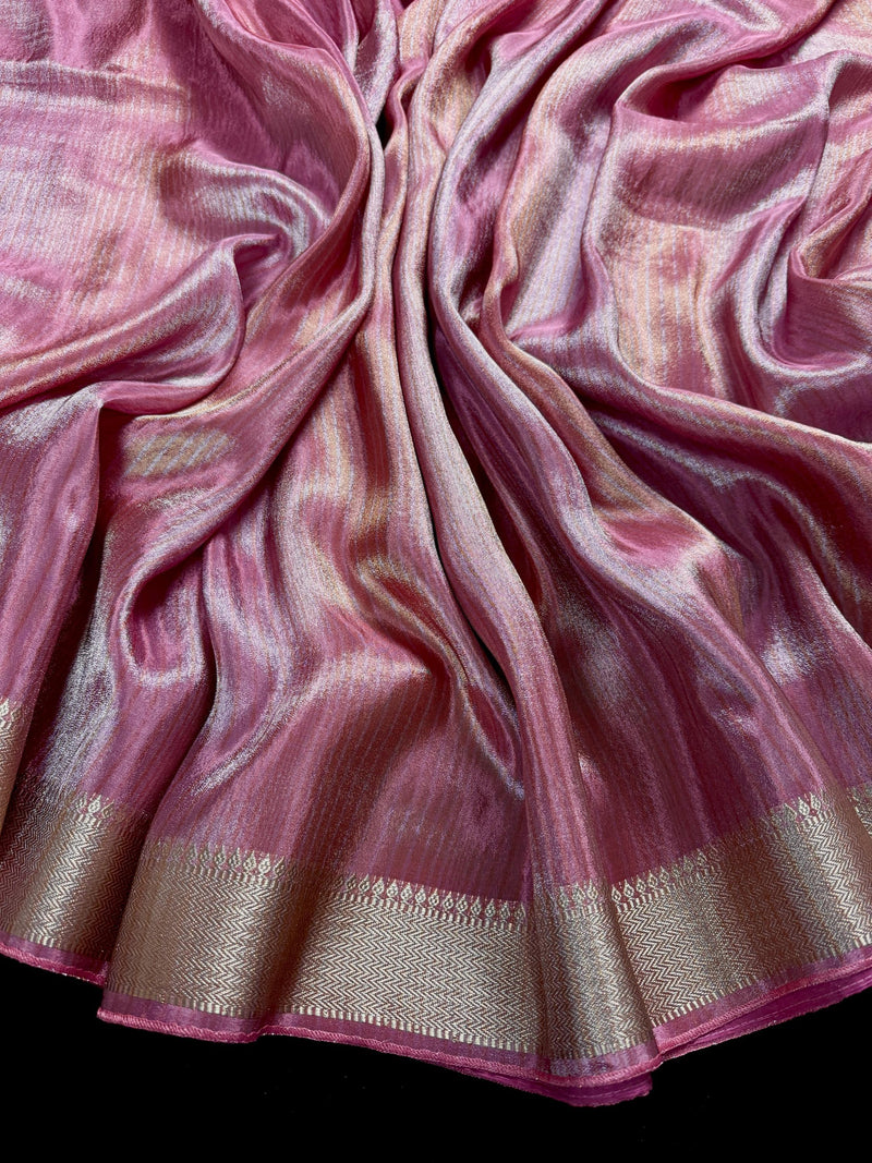 Statement Handmade Mauve Pink Color Saree with thin Striped Banarasi Satin Tissue Silk Saree