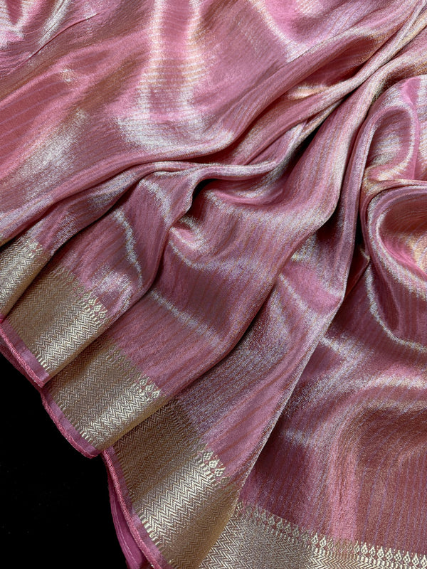 Statement Handmade Mauve Pink Color Saree with thin Striped Banarasi Satin Tissue Silk Saree