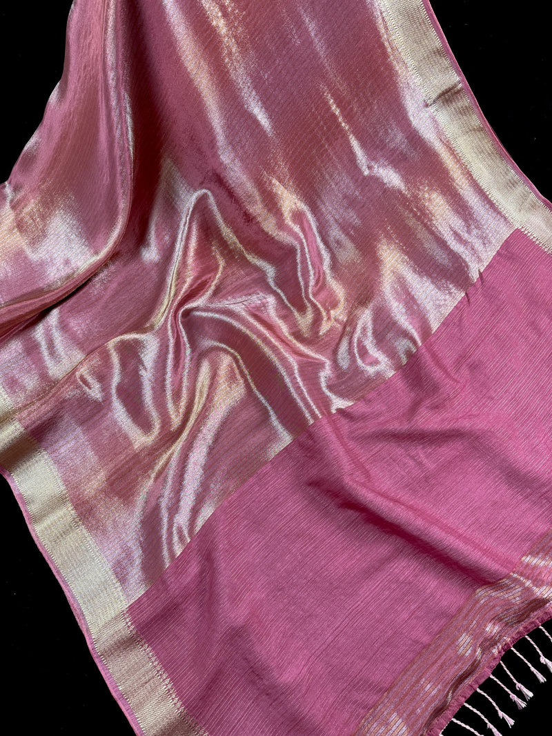 Statement Handmade Mauve Pink Color Saree with thin Striped Banarasi Satin Tissue Silk Saree