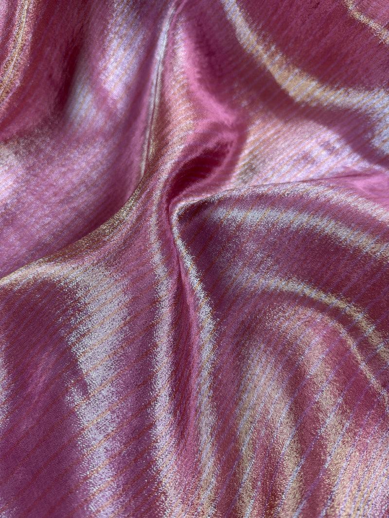 Statement Handmade Mauve Pink Color Saree with thin Striped Banarasi Satin Tissue Silk Saree