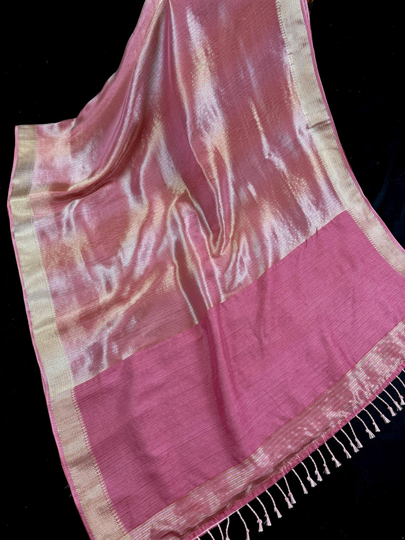 Statement Handmade Mauve Pink Color Saree with thin Striped Banarasi Satin Tissue Silk Saree