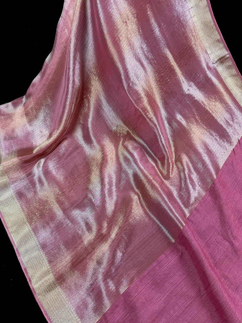 Statement Handmade Mauve Pink Color Saree with thin Striped Banarasi Satin Tissue Silk Saree