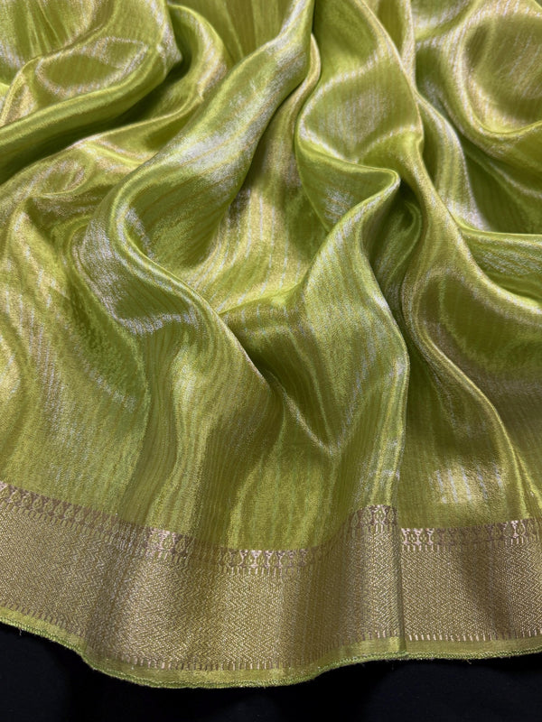 Statement Handmade Pastel Parrot Green Color Saree with thin Striped Banarasi Satin Tissue Silk Saree