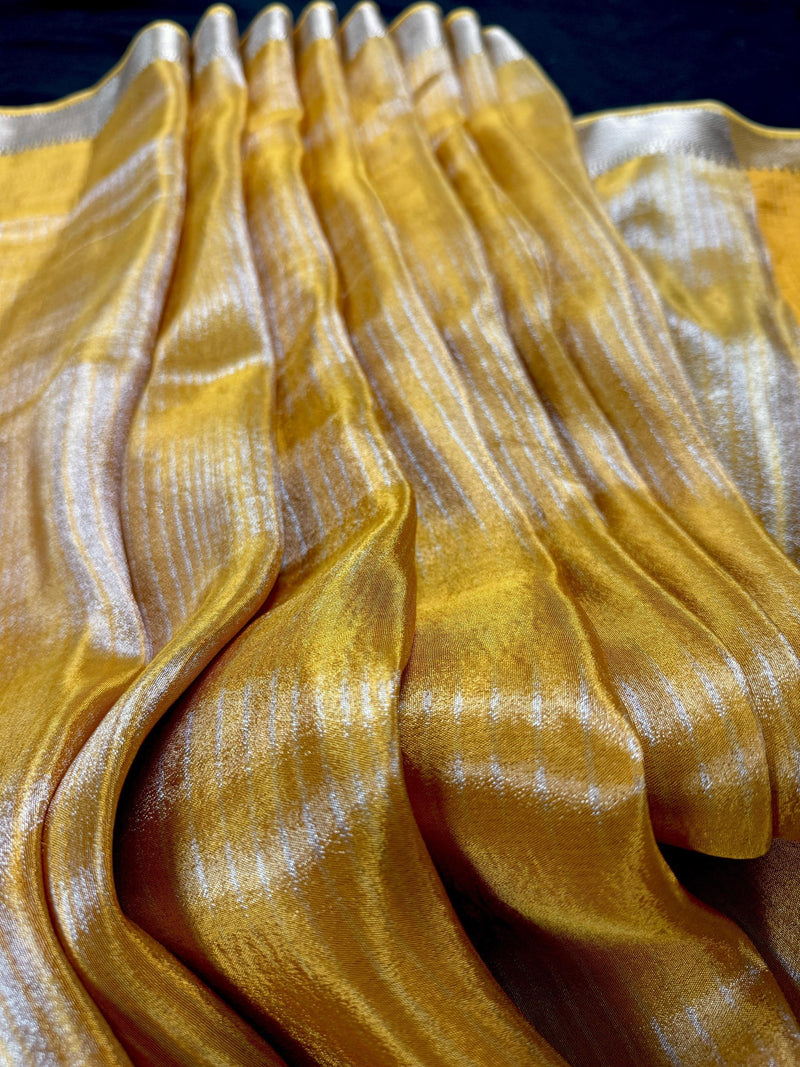 Statement Handmade Marigold Color Saree with thin Striped Banarasi Satin Tissue Silk Saree