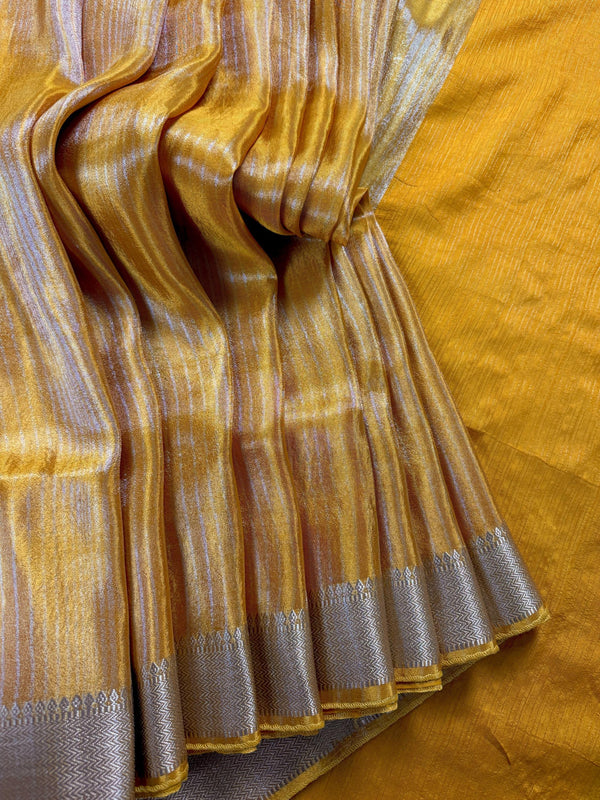 Statement Handmade Marigold Color Saree with thin Striped Banarasi Satin Tissue Silk Saree
