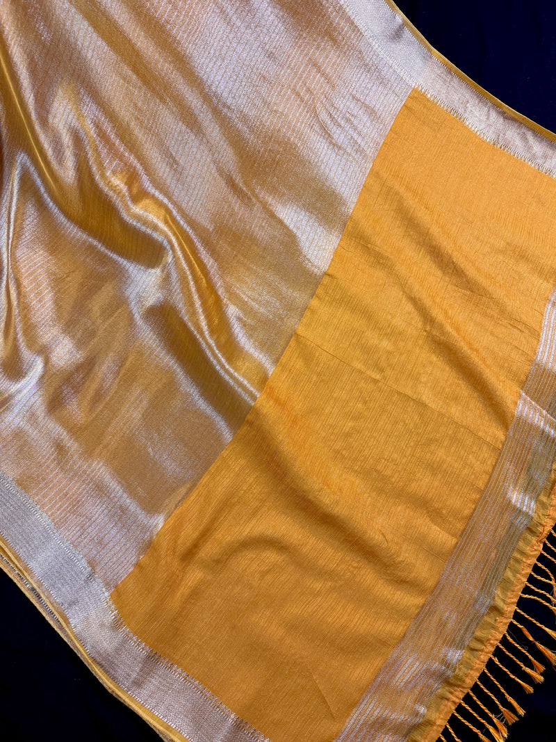 Statement Handmade Marigold Color Saree with thin Striped Banarasi Satin Tissue Silk Saree
