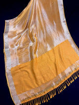 Statement Handmade Marigold Color Saree with thin Striped Banarasi Satin Tissue Silk Saree
