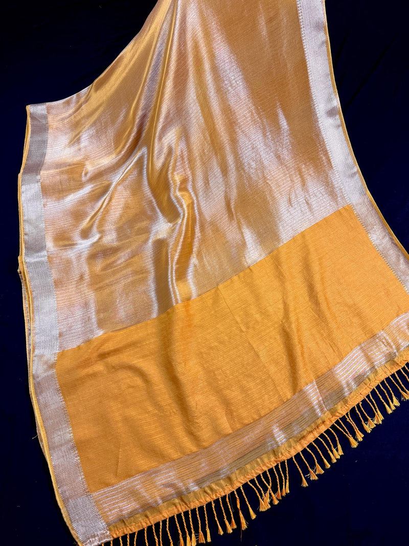 Statement Handmade Marigold Color Saree with thin Striped Banarasi Satin Tissue Silk Saree