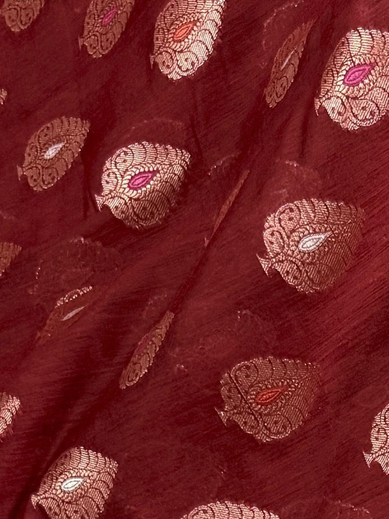 Rust Color Banarasi soft Pure Cotton Silk Saree with Copper Zari with Floral Buttas