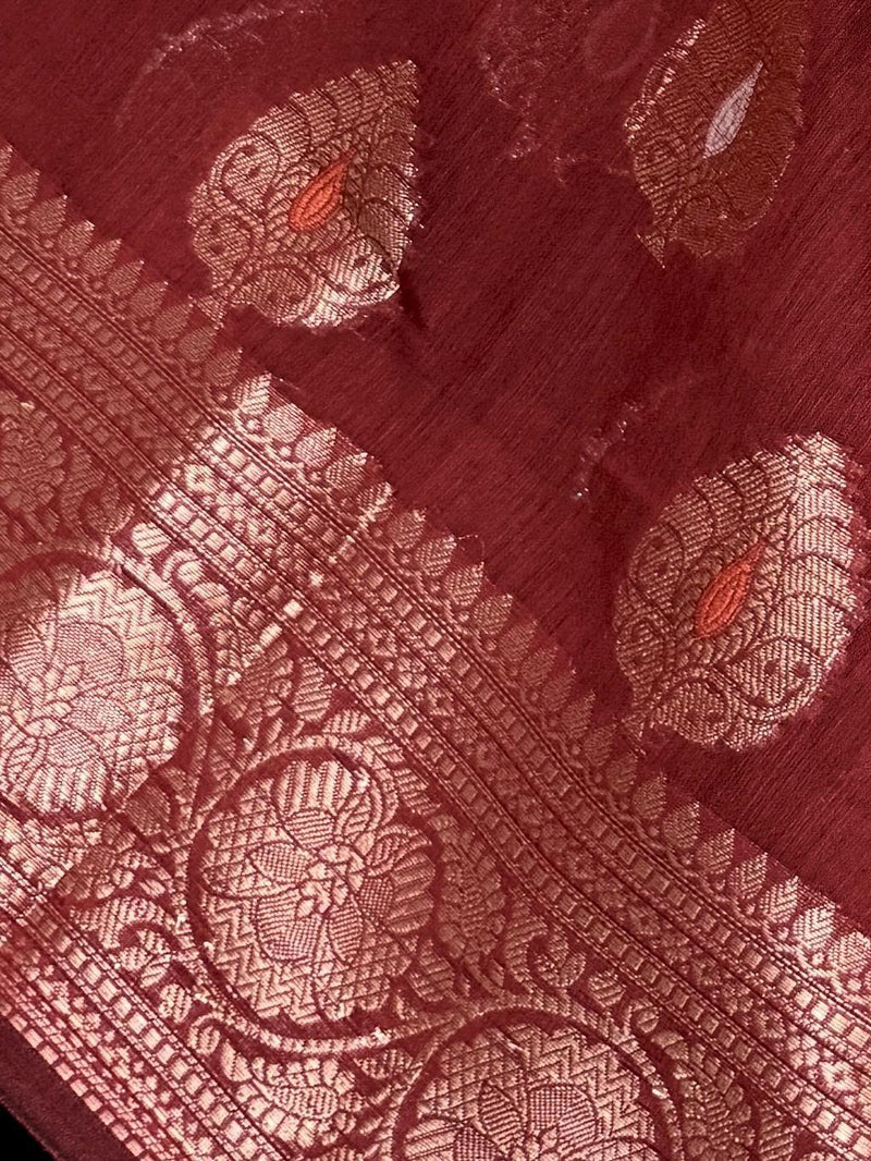 Rust Color Banarasi soft Pure Cotton Silk Saree with Copper Zari with Floral Buttas