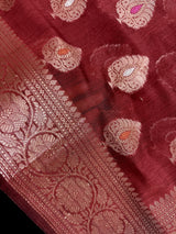 Rust Color Banarasi soft Pure Cotton Silk Saree with Copper Zari with Floral Buttas